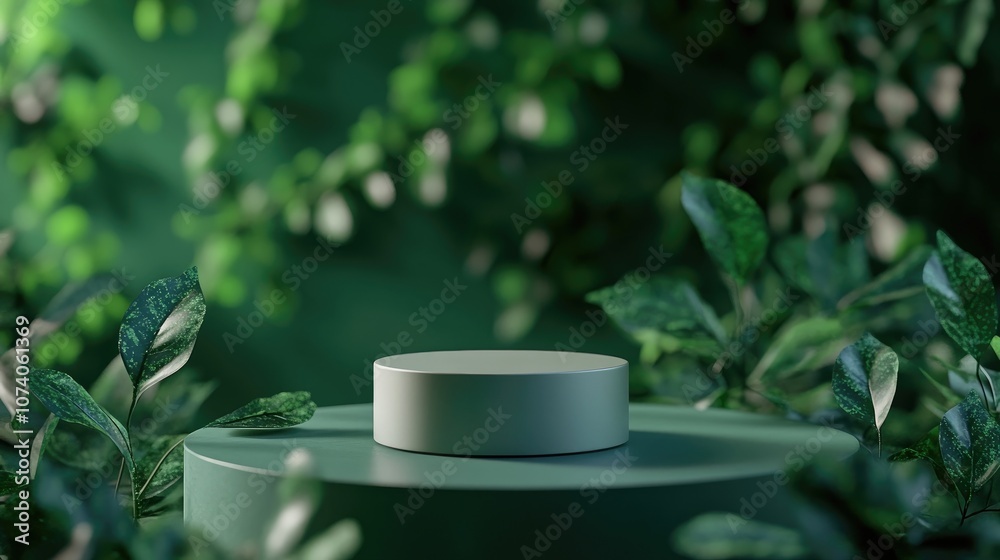 Aufkleber minimal green podium against a backdrop of green leaves showcasing a display for cosmetic or perfume