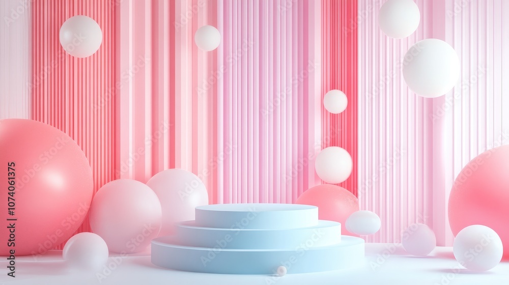 Poster Minimalistic abstract mock up scene featuring pastel colored geometric shapes and a podium background for product display 3D rendering
