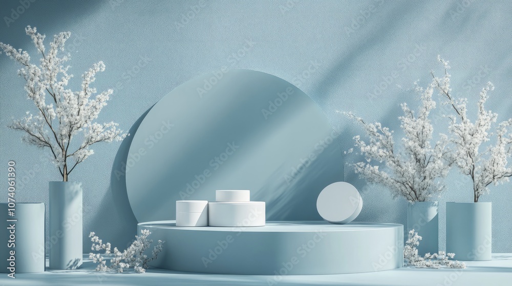 Poster 3d rendering of a podium backdrop in blue hues designed for showcasing cream products