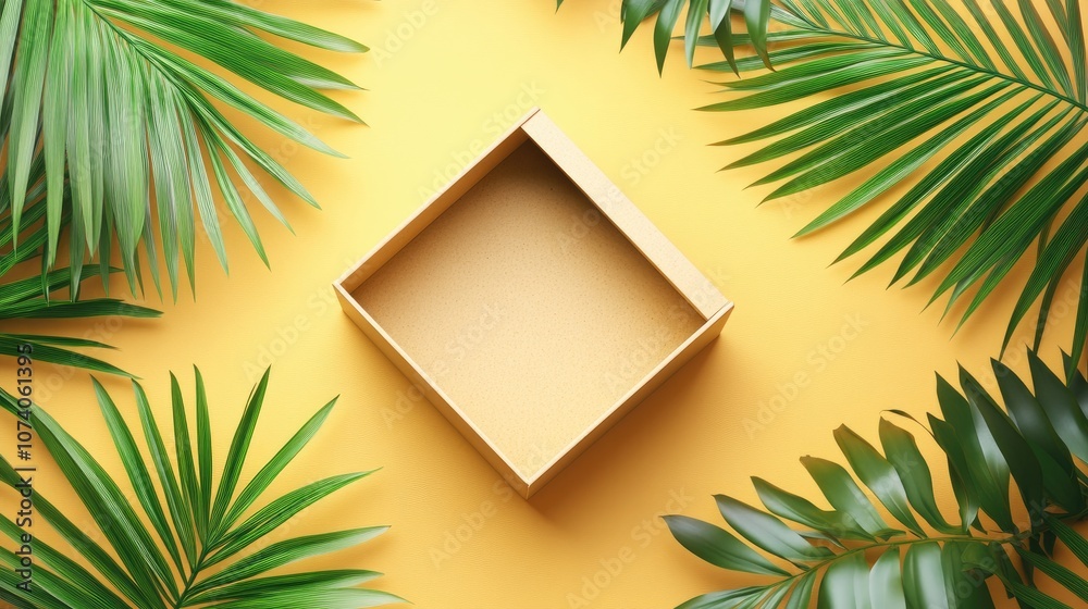 Poster empty natural cube box on a vibrant summer background with tropical palm leaves suitable for showcas