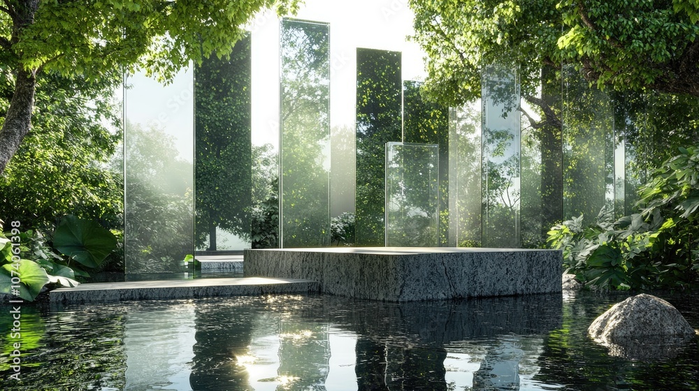 Poster 3D rendering of a surreal landscape featuring a podium amidst water and lush greenery The podium is set against a backdrop of abstract glass and mirrored shapes creating a fantastical and futurist
