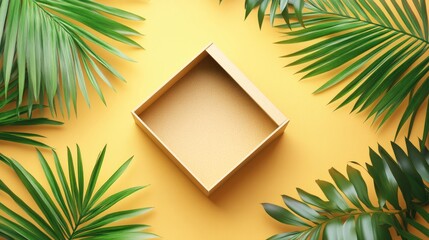 Empty natural cube box on a vibrant summer background with tropical palm leaves suitable for showcasing cosmetic products Flat lay perspective 3D rendering