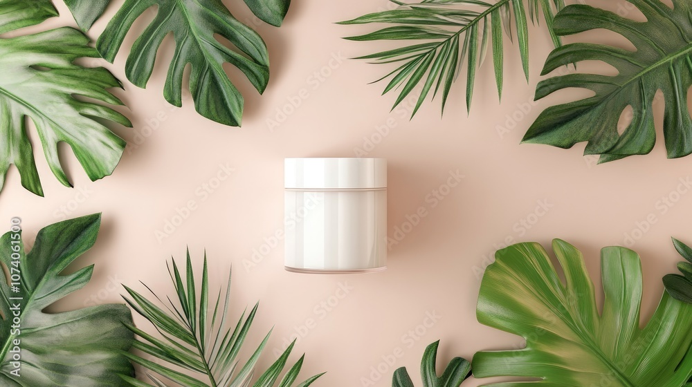 Poster empty white cylinder container on a summer themed backdrop featuring tropical palm leaves designed f