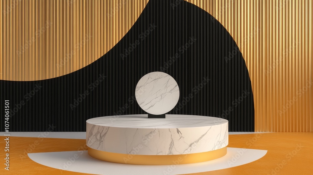 Poster 3D abstract exhibition space featuring a realistic white marble pedestal in an elegant design Minimalist setting ideal for product showcase template presentation with a black and golden geometric 