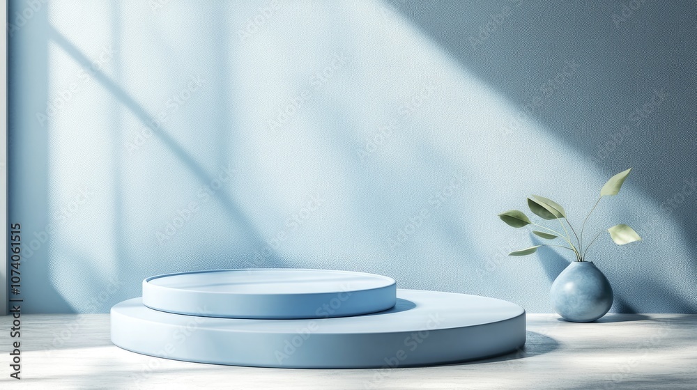 Poster pastel blue podium stand in 3d modern pedestal platform for product display and showcase 3d renderin