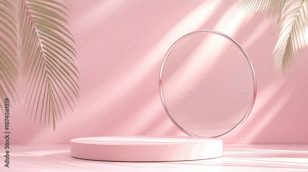 Poster 3d rendered illustration of an abstract geometric podium composition featuring palm leaves shadows a