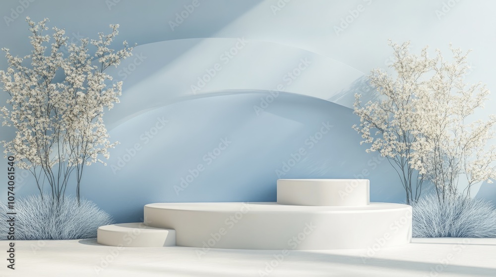 Poster Minimal product display stand with an abstract composition in white and pastel blue 3D rendering
