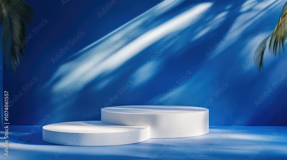 Poster Abstract podium illuminated by natural light designed for product display against a blue background 3D rendering