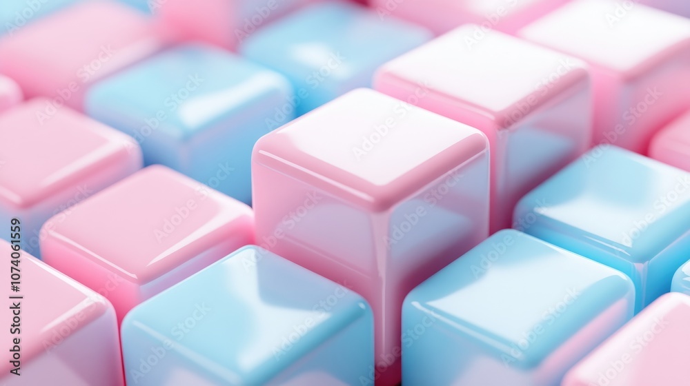 Poster 3D illustration featuring rows of pink and blue squares Collection of cubes on a monochrome background creating a geometric pattern