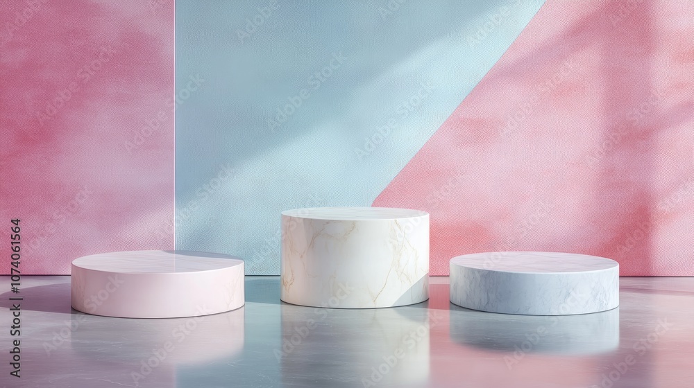 Poster 3D rendered cylinder podium on the floor with geometric shapes serving as platforms for product presentation and mockup featuring an abstract pastel background