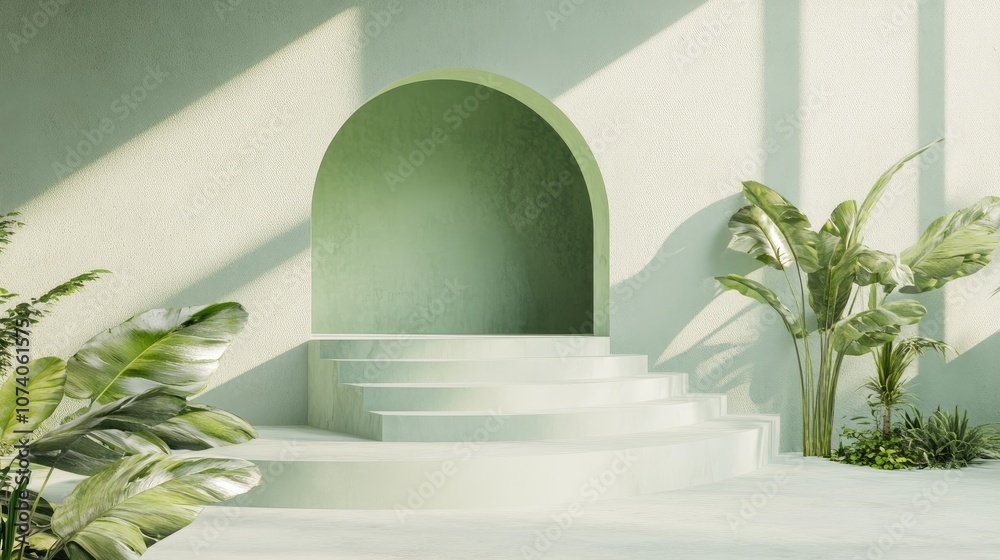 Aufkleber 3D rendering of stairs and podium featuring geometric shapes a green arch and a stage designed for product display and promotion