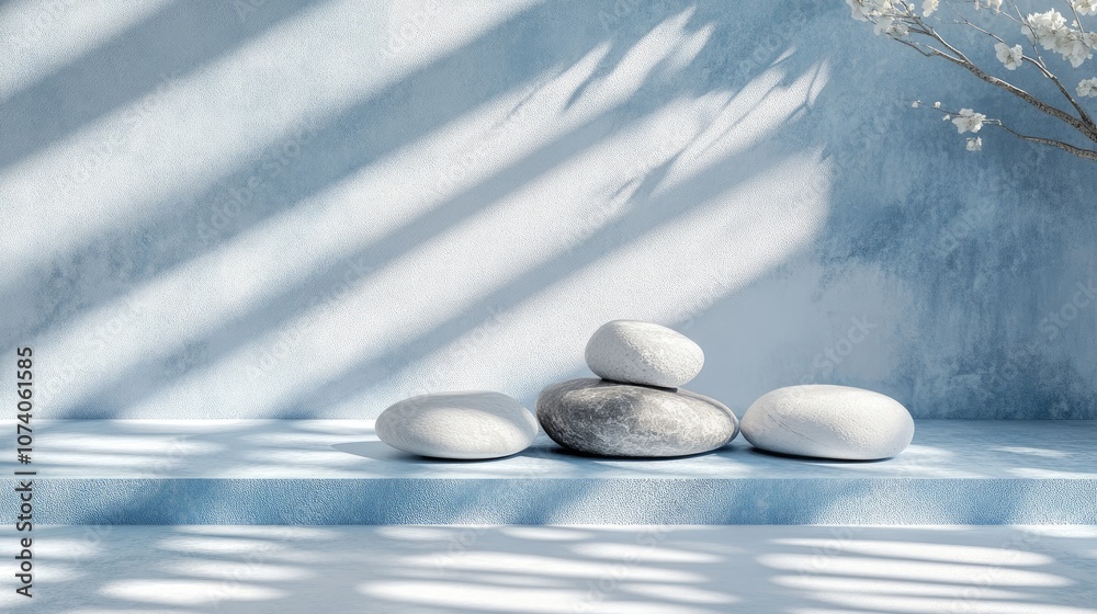 Poster Minimal product display stand featuring rocks and shadows Podium mock up in an abstract composition of white and blue pastels created through 3D rendering and illustration