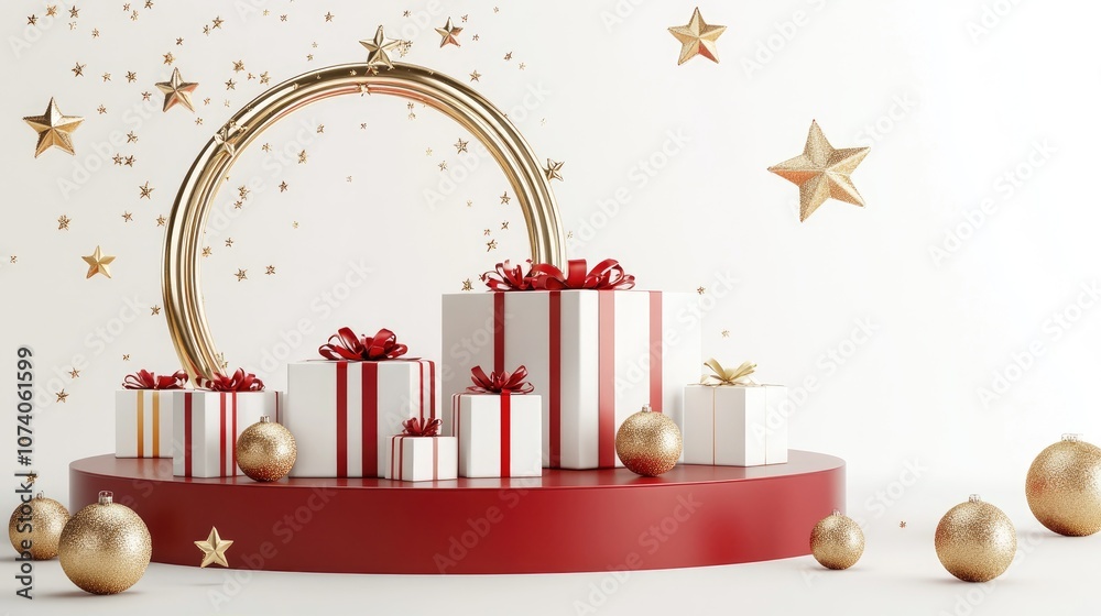 Poster 3D rendering of a realistic product display stand featuring a red and gold theme adorned with a ring of stars white gift boxes and gold balls on a white background Elegant presentation for a festi