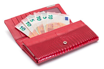 Opened Red Women Purse with 10 Euro Banknotes Inside - Isolated on White Background. A Wallet Full of Money Symbolizing Wealth, Success, Shopping and Social Status - Isolation