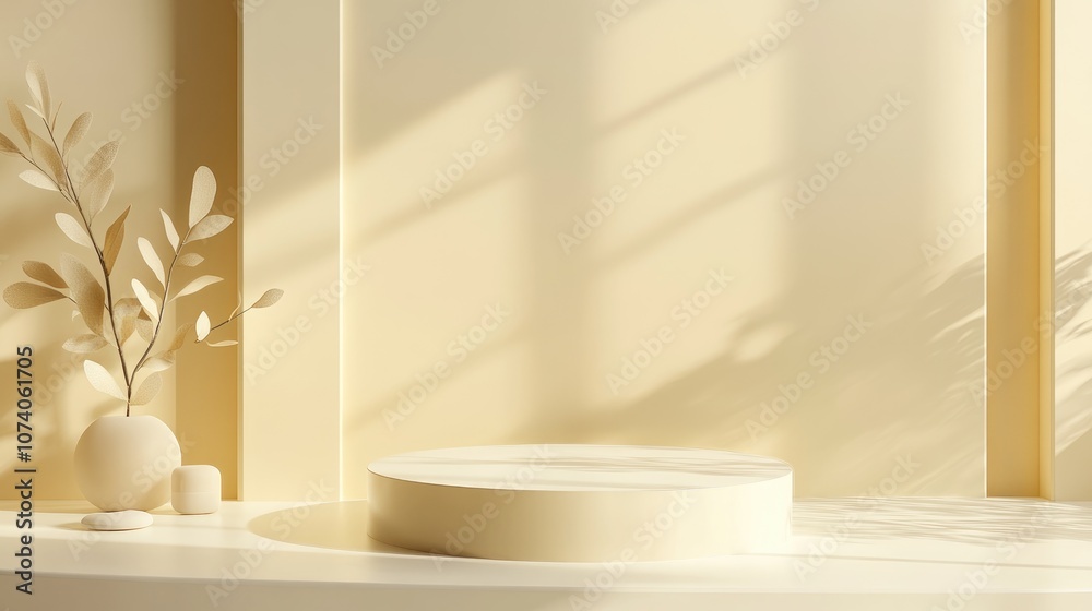 Poster Minimal 3D rendered scene featuring an empty cube podium in shades of pastel yellow designed for cosmetic product display and abstract background showcase Geometric pedestal in soft colors for moc