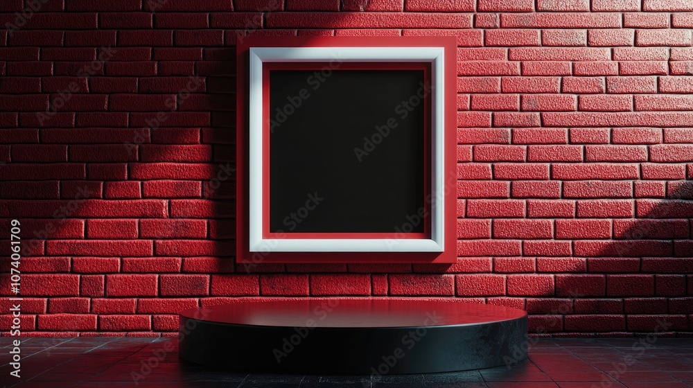 Aufkleber digital product backdrop featuring a red and white rectangular frame with a black podium reflecting 