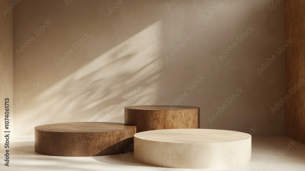 Aufkleber circular podium stand pedestal or platform in beige and brown hues designed for product presentation