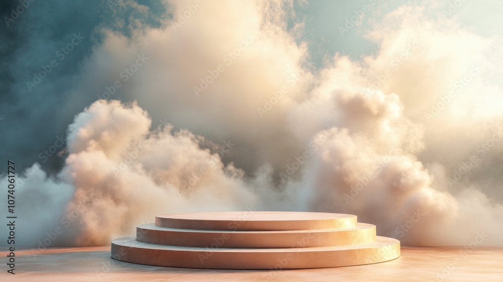 Poster 3d rendered podium stage with abstract cloud backdrop