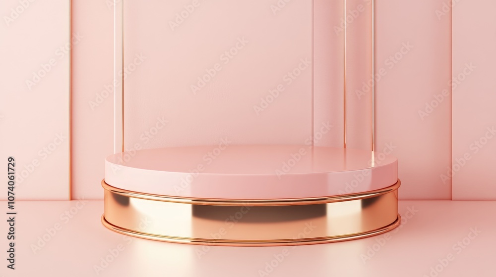 Poster Rose gold and pink cylindrical pedestal 3D rendering of a platform with a minimalistic stage and abstract geometric background
