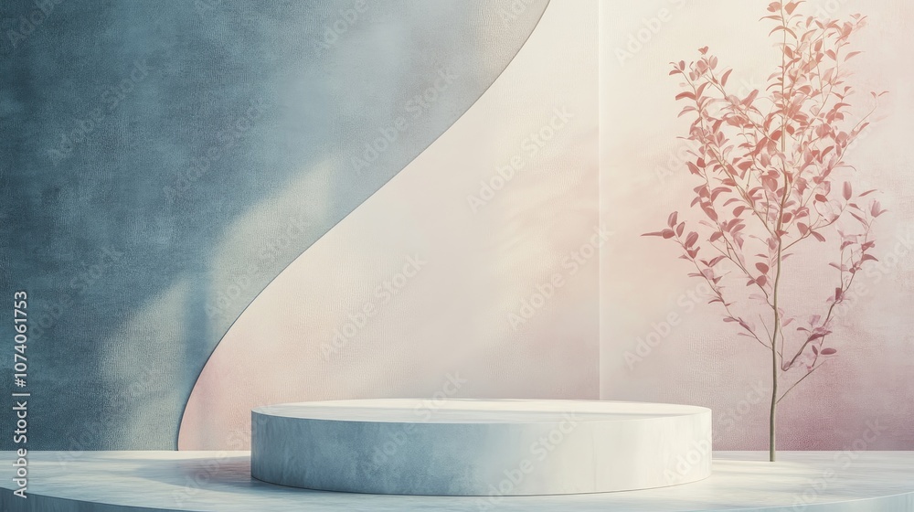 Poster Minimalist 3D rendering featuring a podium against an abstract backdrop with geometric shapes in soft pastel hues