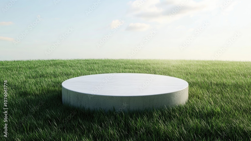 Aufkleber Fantasy 3D rendering of a circular podium on a grassy field featuring a round soil mockup cross section in a blank white space
