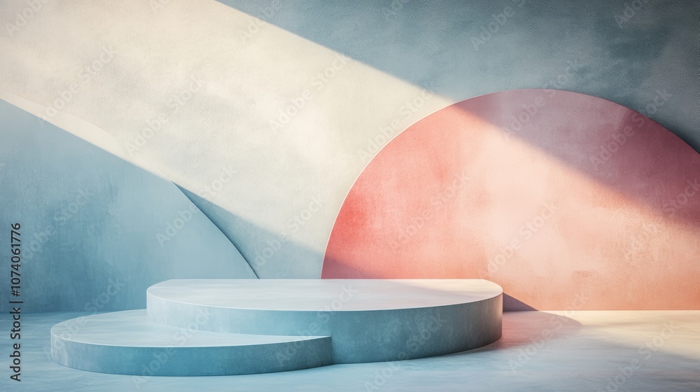 Poster light blue backdrop featuring a podium and minimal wall design blending abstract shapes in pastel hu