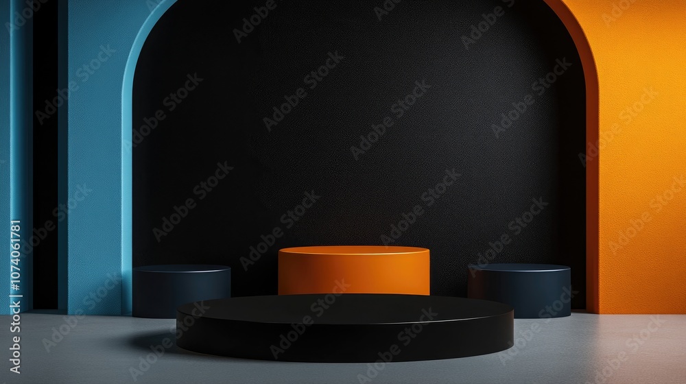 Poster cosmetic backdrop in black blue and orange with a premium podium for product showcasing branding and