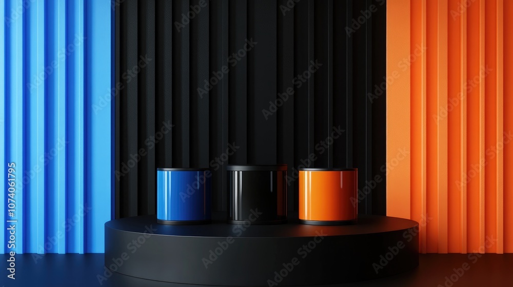 Poster cosmetic backdrop in black blue and orange with a premium podium for product showcasing branding and