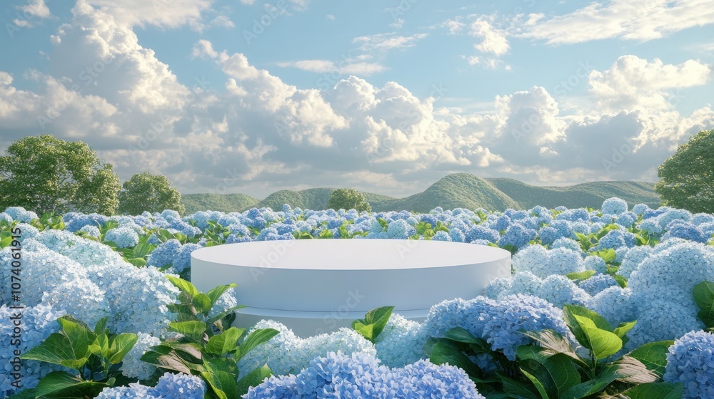 Poster natural beauty display podium surrounded by a hydrangea flower field 3d rendering