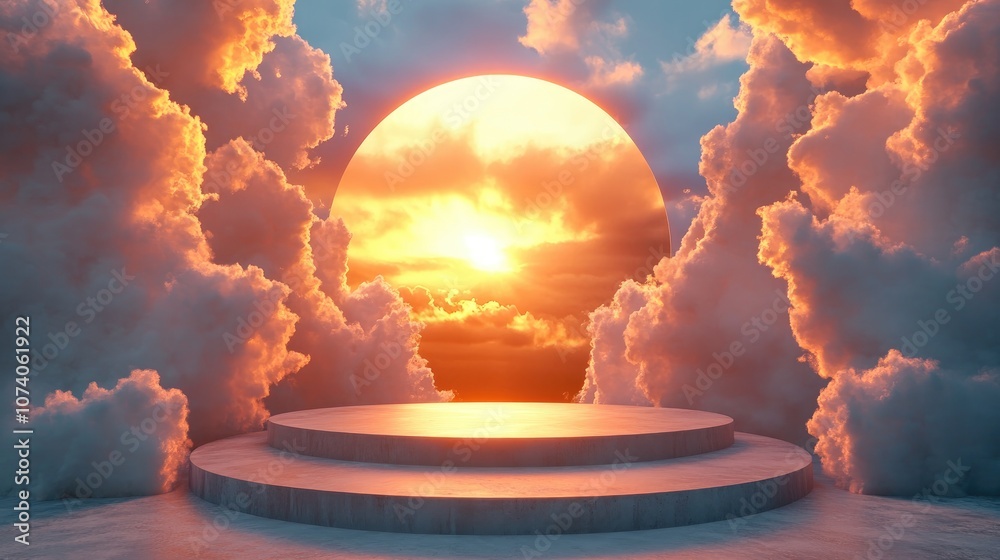 Poster 3d rendered podium stage with abstract cloud backdrop