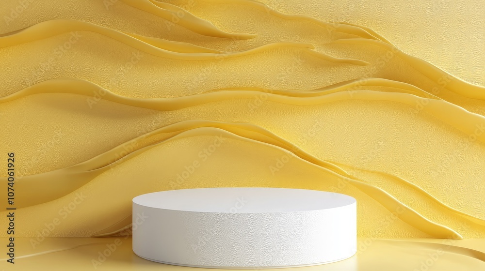 Aufkleber blank mockup white textured podium against a portrait oriented yellow wave pattern background 3d ren