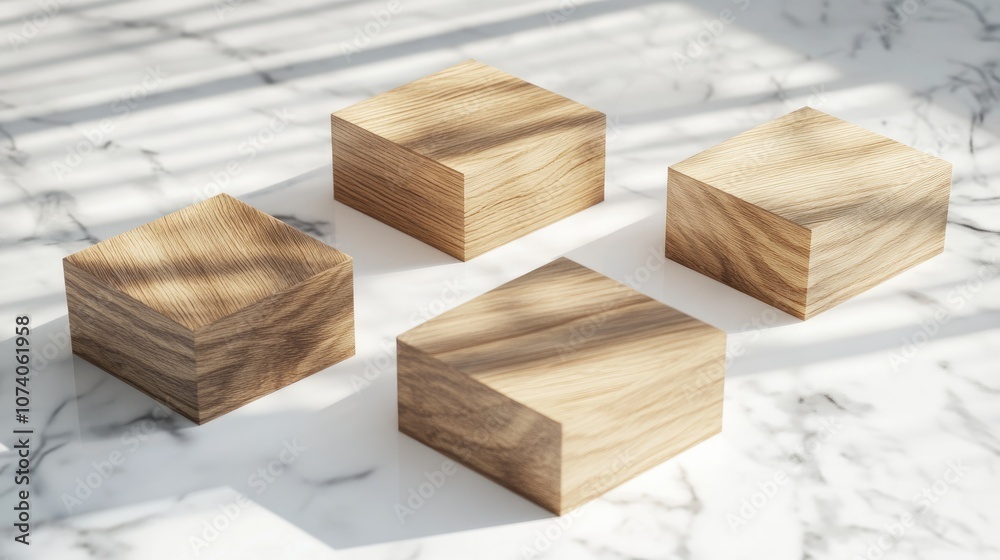 Poster three wooden block stages rendered in 3d on a white marble table surface suitable for product advert