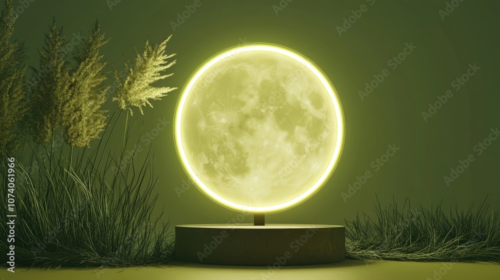 Poster Empty podium featuring a neon moon against a lemon grass background 3D render of an abstract scene with a floating pedestal and a neon circle frame
