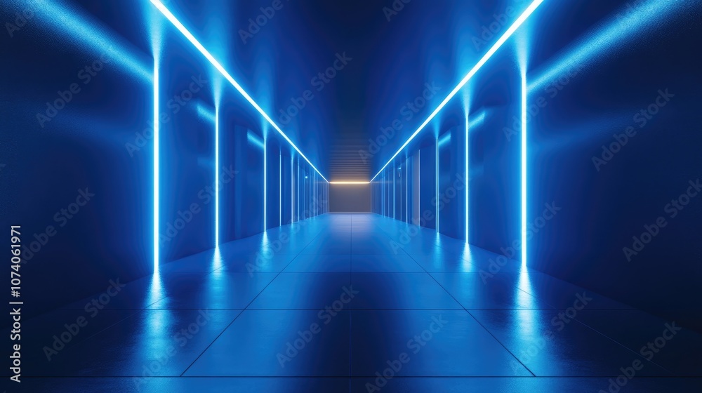 Poster Abstract light tunnel with blue background featuring a portal illuminated by rays neon lights and spotlights Dark vacant setting enhanced by neon elements Symmetrical reflection and perspective in