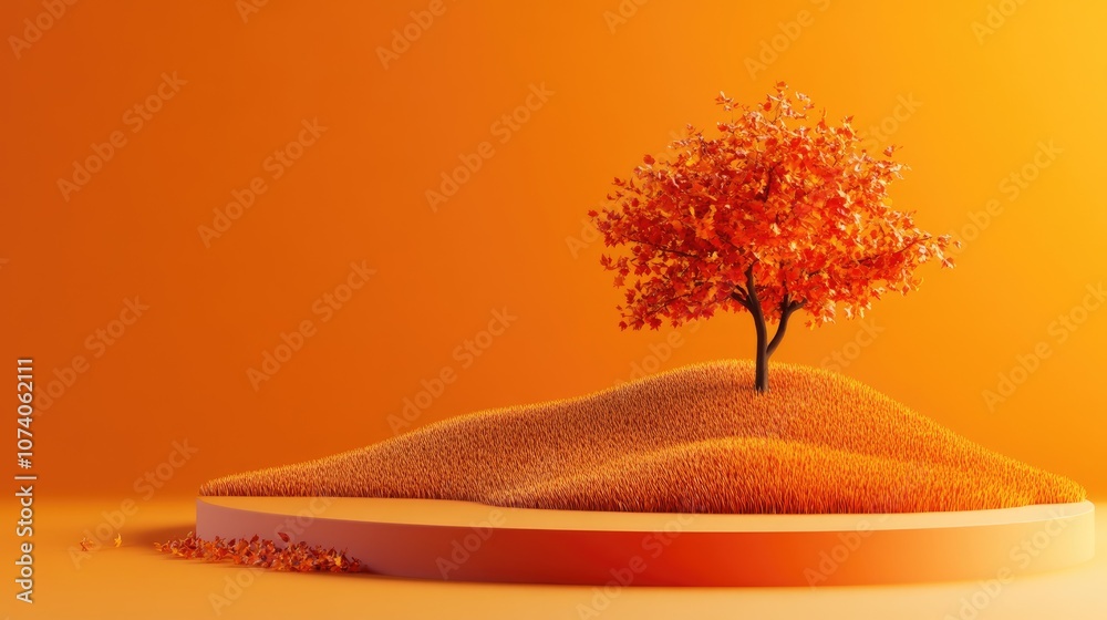 Poster Autumn themed background featuring a product presentation podium with a hill and tree on an orange backdrop 3D rendering