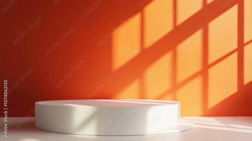 Aufkleber minimalistic geometric display on a pure white podium against an orange backdrop featuring soft shad