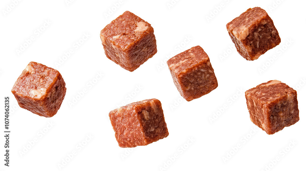 Poster falling beef cubes on a transparent background for culinary use generative ai
