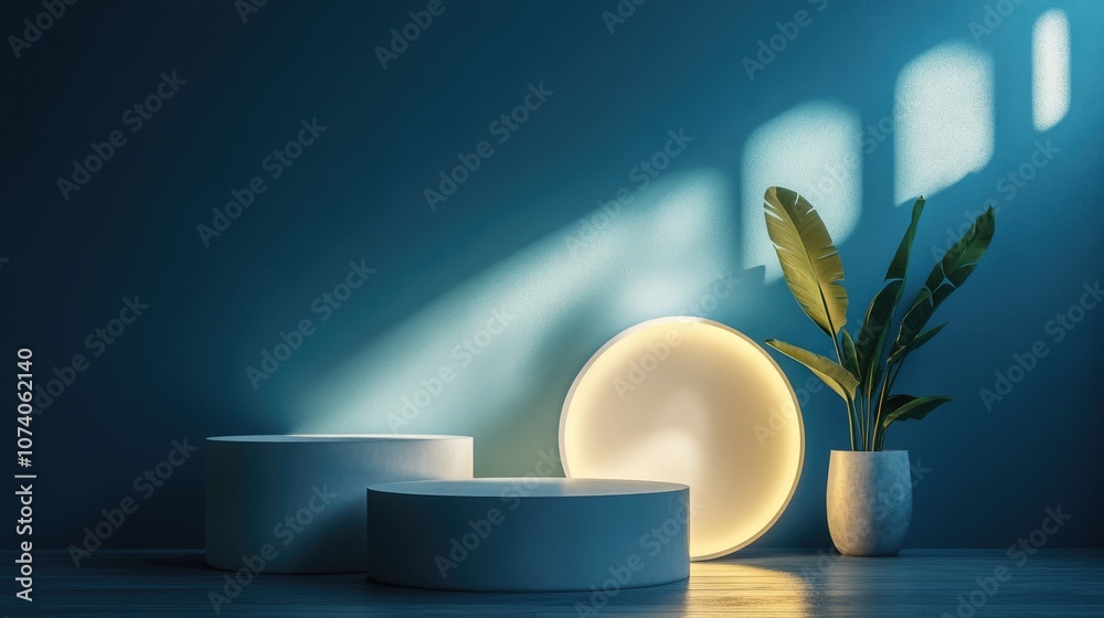 Poster Abstract podium illuminated by natural light designed for product display against a blue background 3D rendering