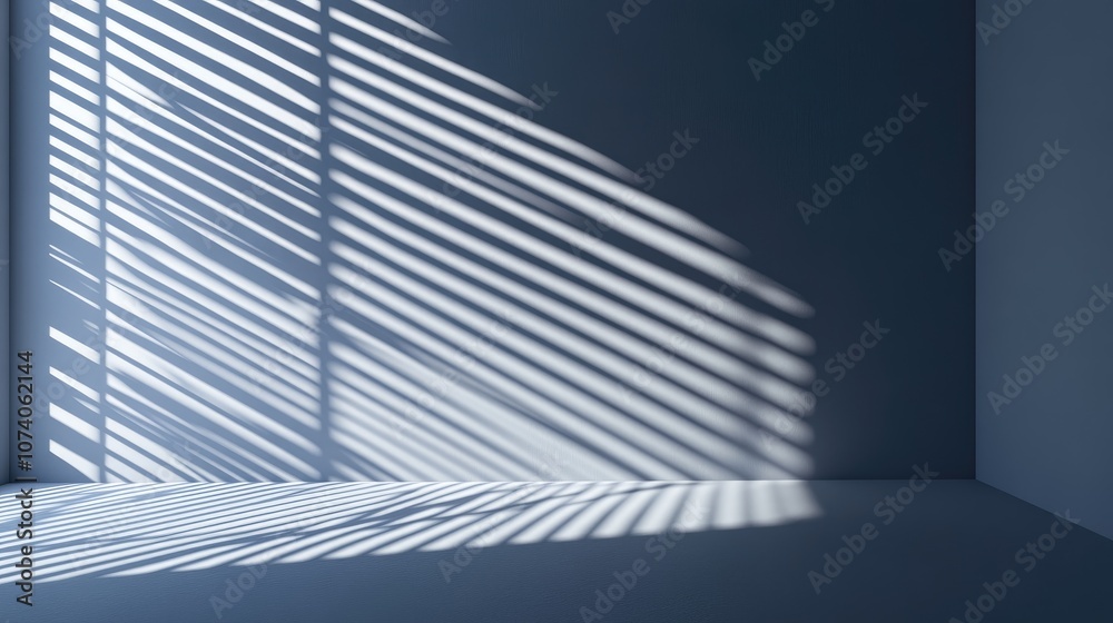 Poster Shadowed window blinds in an empty room with a wall featuring a 3D rendering for minimal abstract product display