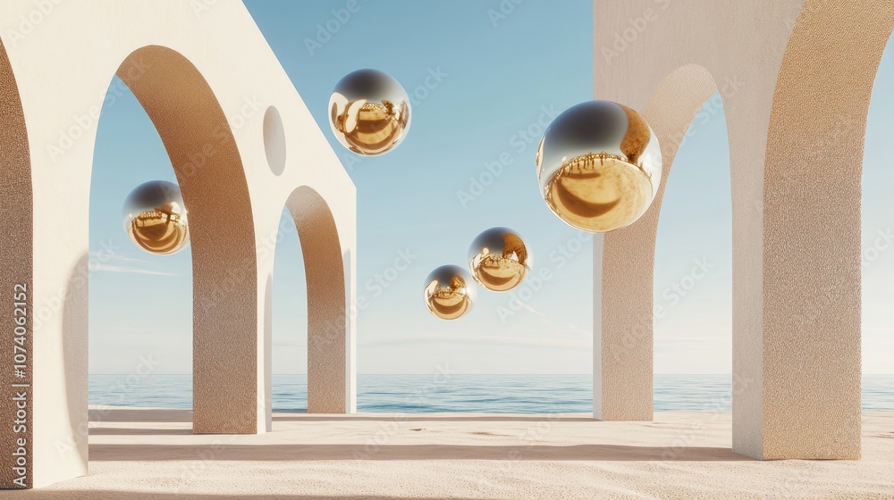 Poster abstract architectural design featuring arches and floating golden spheres against a sandy beach and