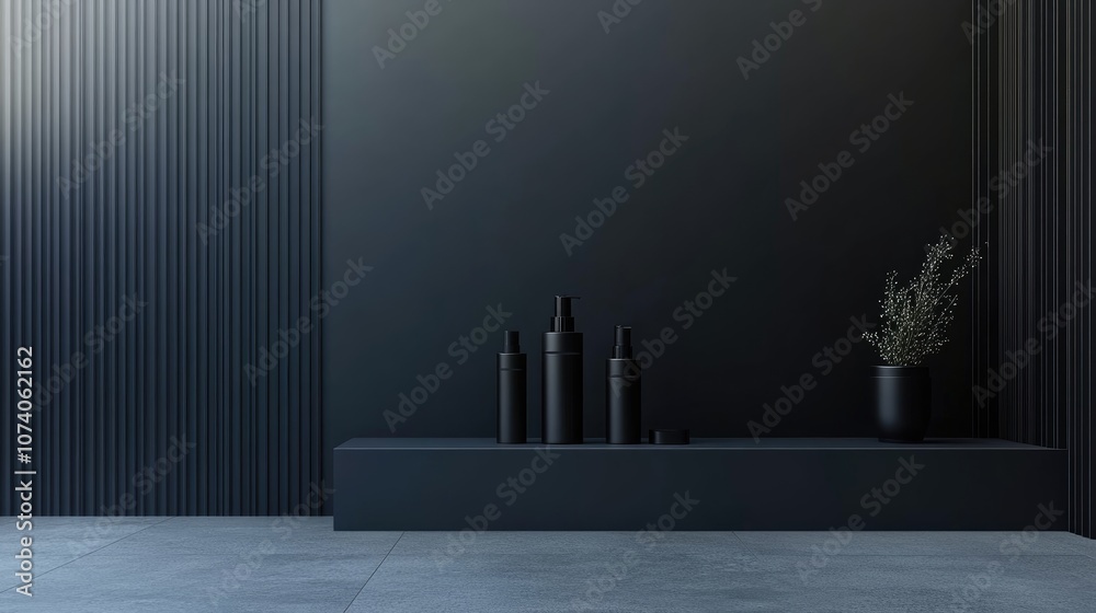 Poster 3D rendering of a cosmetic product in an empty setting with a minimalist black wall Fashion display case showcase