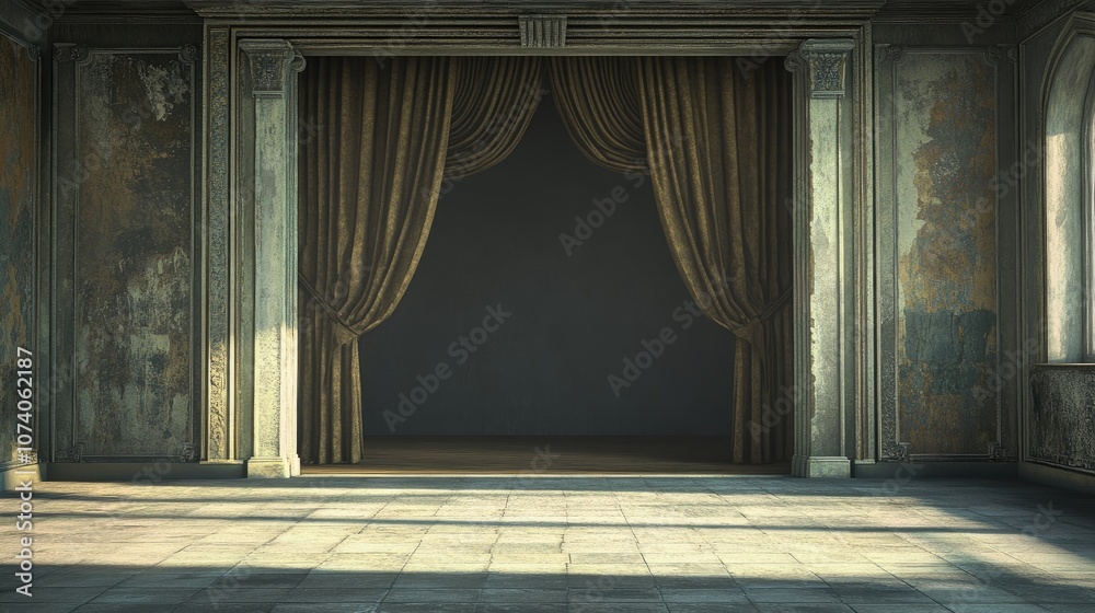 Poster an empty stage within a room rendered in 3d digital illustration