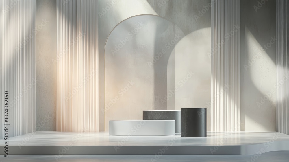 Aufkleber Stunning and sophisticated backdrop featuring a pedestal and a display case 3D illustration and rendering