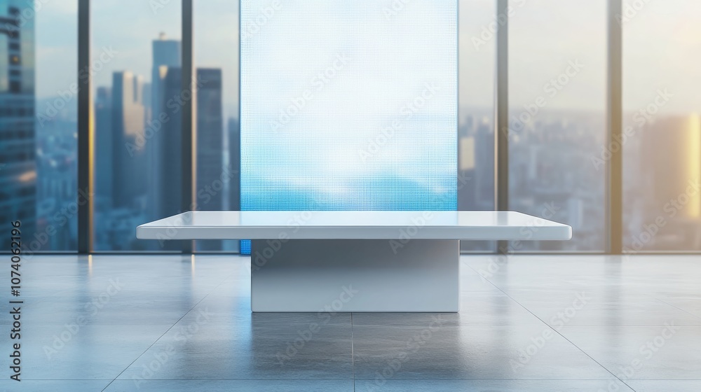 Poster Modern news studio setting featuring a white table and a LCD screen backdrop 3D rendering