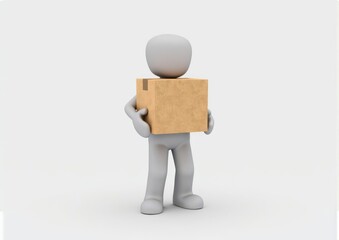 gray toy man 3d carries in hands a cardboard box on white background