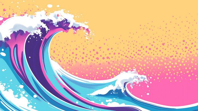 Bold wave pattern with vibrant colors and dynamic movement, featuring shades of blue, pink, and purple against warm yellow background