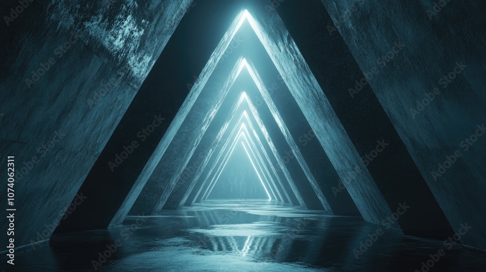 Poster triangle shaped concrete structures in an underground construction tunnel with dark empty sci fi atm