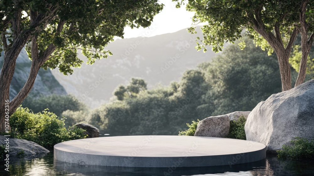 Poster 3d rendering illustration of a blank podium display for product mockup with a natural backdrop