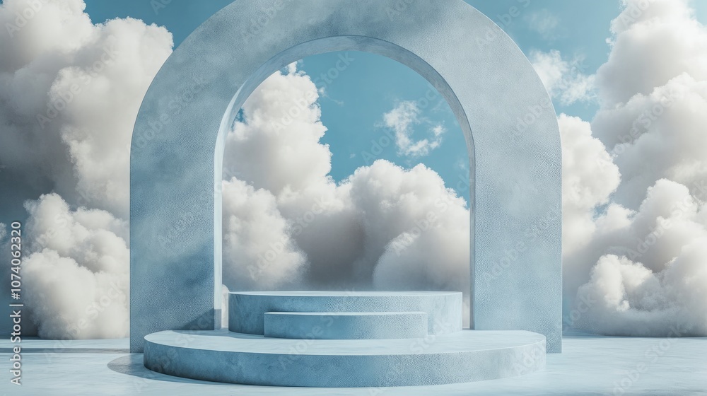 Poster 3d rendered podium stage with abstract cloud backdrop
