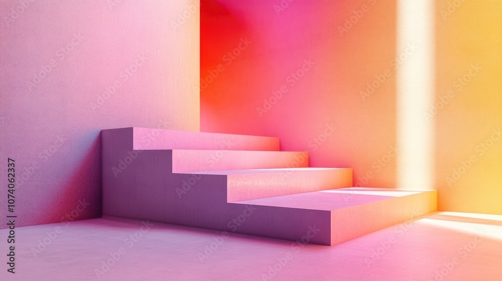Poster walls and platforms featuring vibrant textured gradients interior backdrop illuminated by natural li